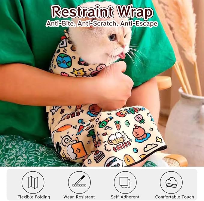 Cat Grooming Wrap – Self-Adherent Anti-Scratch Swaddle Restraint Bag for Nail Cutting, Medication, Multifunctional Care - Calm Cozy Burrito Papoose Pet Magic Blanket (27.6 Inches within 11.1lbs)