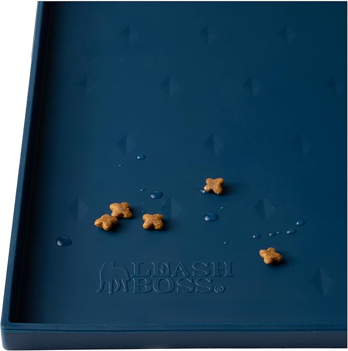 Leash Boss Dog Food Mat for Food and Water Bowls, Waterproof Silicone Pet Feeding Mat for Floors, Extra Tall Raised Edges, Cat and Dog Placemat for Floors, Dishwasher Safe (XL: 25" x 17" - Navy)
