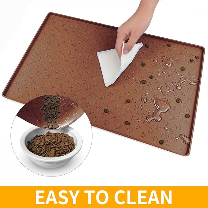 Ptlom Pet Placemat for Dog and Cat, Waterproof Silicone Pet Feeding Bowl Mats for Food and Water, Small Medium Large Dogs Mat Prevent Residues from Spilling to Floor, Brown, 24.5" 16.5"