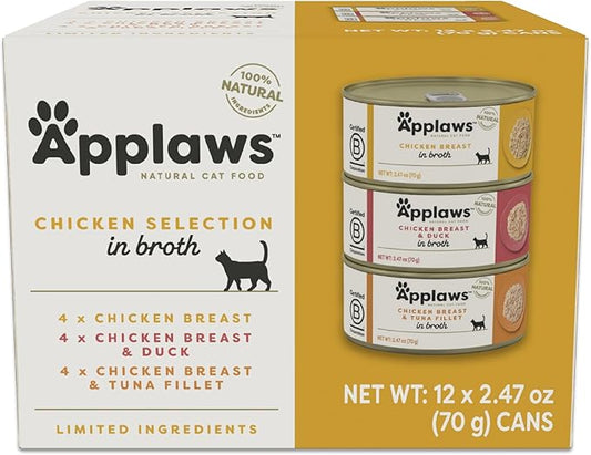 Applaws Natural Wet Canned Cat Food, Made with Limited and Natural Ingredients, Real Protein with No Artificial Additives, Chicken Selection Variety Pack in Broth (12 x 2.47oz Cans)