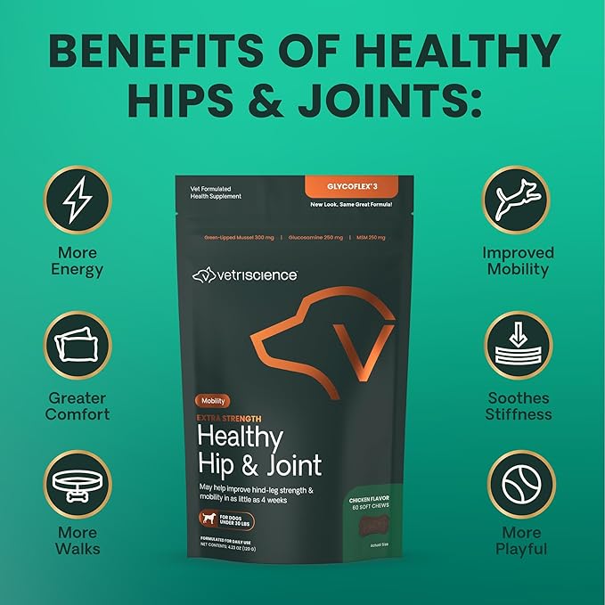VetriScience Glycoflex 3 Clinically Proven Hip and Joint Support Supplement for Small Dogs - Maximum Strength Dog Supplement with Glucosamine, MSM, Green Lipped Mussel & DMG - 60 Chews,Chicken Flavor