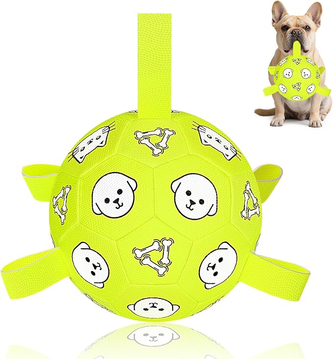Dog Toys, Durable Dog Soccer Ball with Straps, Interactive Dog Toys, Water Fetch Ball for Tug of War, Puppy Toys for Indoor/Outdoor – Fun Dog Birthday Gift for Small & Medium Dogs, 6 Inch