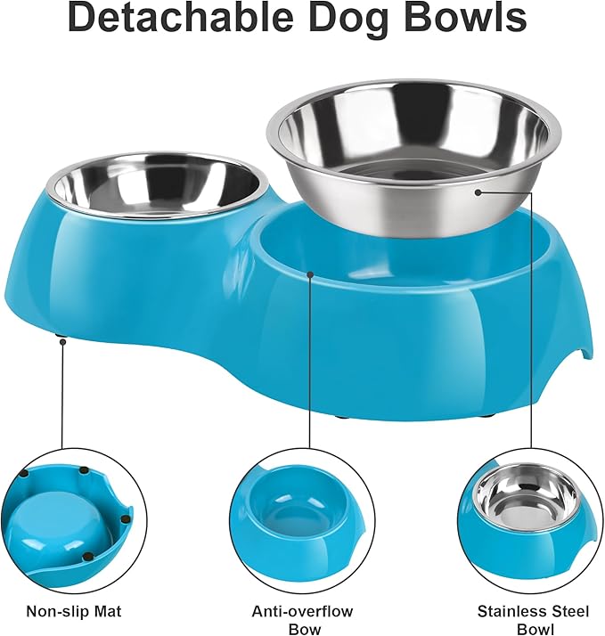 Elevated Dog Bowls Set - Non-Slip Raised Pet Feeder with Medium (2 Cups) & Large (4 Cups) Stainless Steel Bowls - Includes Durable Resin Stand for Puppies, Adult Dogs & Cats - Blue