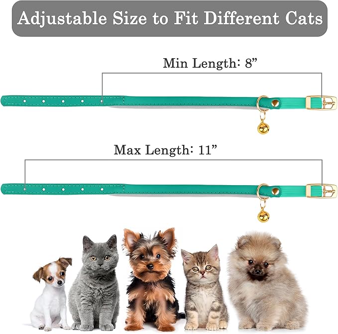 OOPSDOGGY Rolled Leather Cat Collar with Bell - Reflective Kitten Collar with Safety Elastic Strap - Adjustable Small Pet Collars for Boy Girl Cats (Teal)