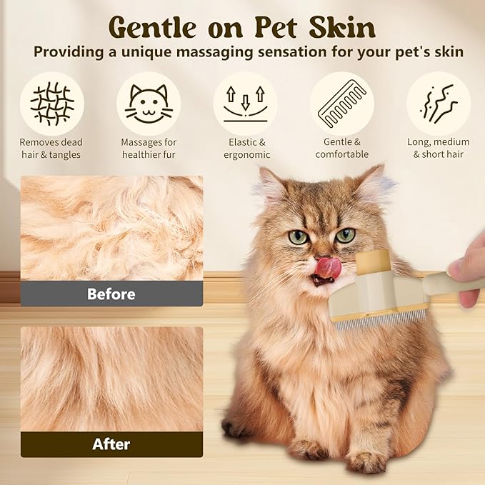 Pet Hair Removal Comb Flea Comb, 2025 New Cat Grooming Brush with Release Button, De-Shedding Cat Brush for Short and Long Hair Cats (Yellow)