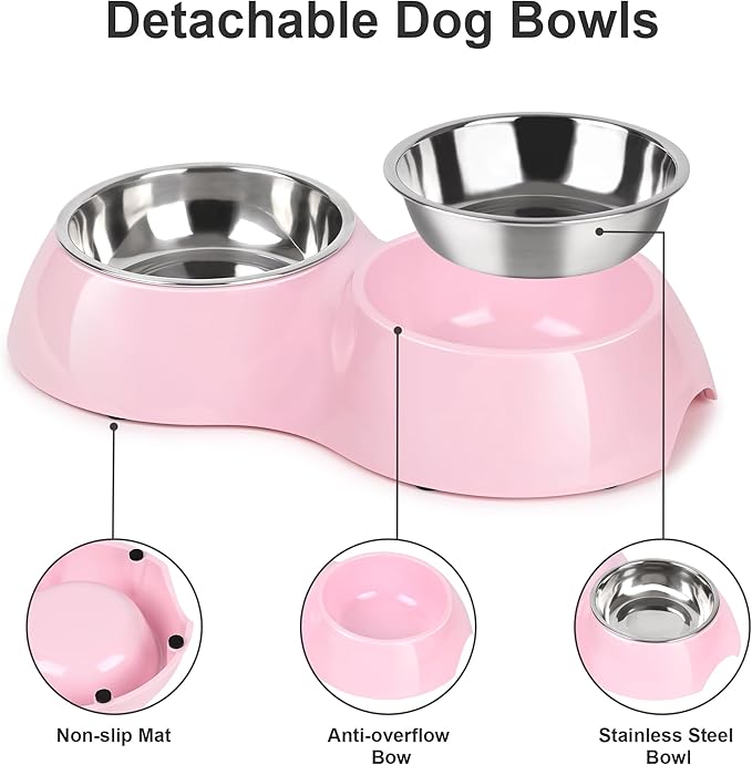 Stainless Steel Dog Bowls Set – Dual Non-Slip Pet Dishes with 2 Small (4oz*2) Bowls & Durable Resin Stand,Food & Water Feeder for Puppies, Kittens, and Small Breed Dogs– Pink