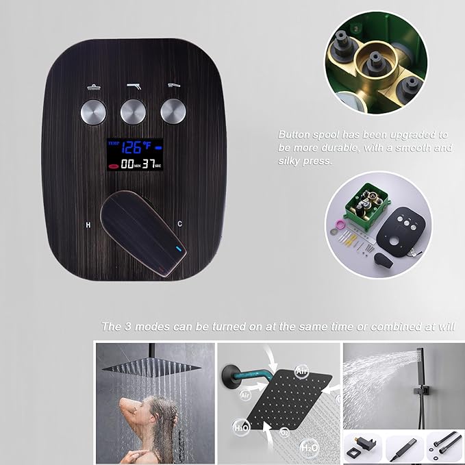 Oil Rubbed Bronze Shower System Digital Display Shower Set with Handheld Spray, 12 inch Ceiling Mounted Shower Head and 8 inch Wall Mounted Shower Head