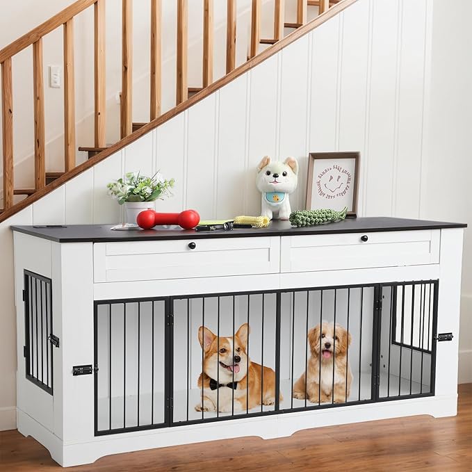 Large Dog Crate Furniture-Decorative Heavy Duty Dog Cage Indoor, Wooden Dog Cage End Table with Charging Station, Dog House with 2 Drawers (White, 70.86''L)