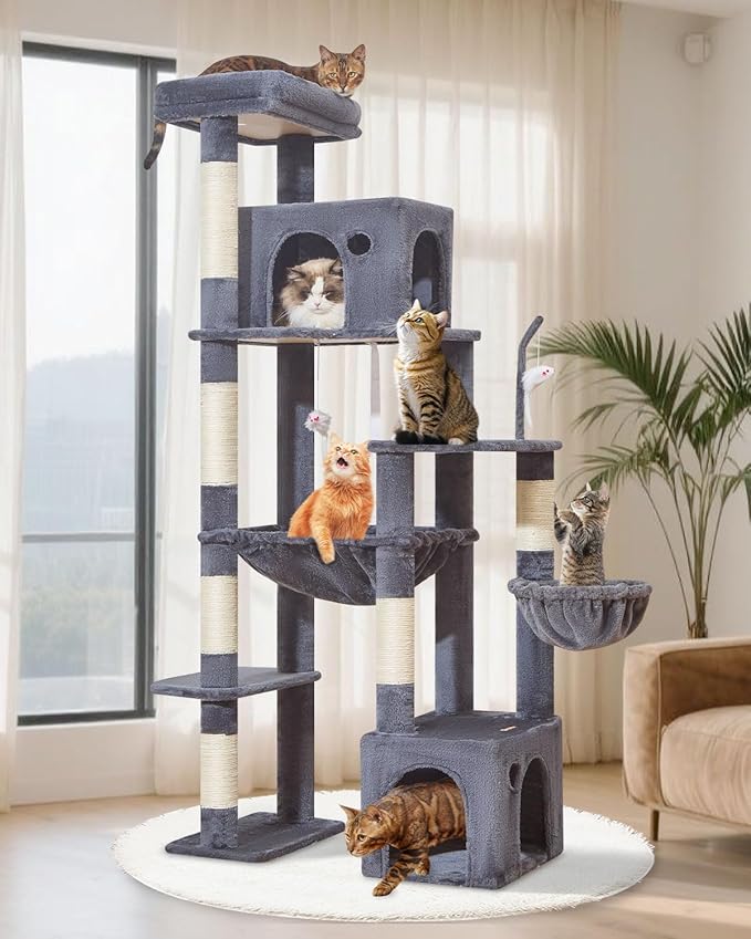 Taoqimiao Heavy Duty Cat Tree for Large Cats 20lbs+, 71 Inches Tall Cat Tower, 2 Cat Condo with 6 Scratching Posts, Super Large Hammcock, Cat Toys, Cozy Basket, Smoky Gray, MS037G