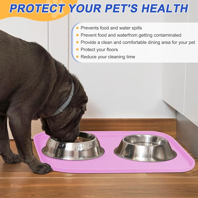 Silicone Pet Feeding Mat with Raised Edge for Food and Water, Dog Bowl Mats, Cat Bowls Placemat with High Lip for Floor Waterproof, Rubber Tray for Cats and Dogs 24 x 16 x0.8 Pink