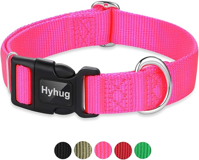 Hyhug Pets Classic Regular Heavy Duty Nylon Dog Collar with Easy to Put On & Off Buckle. (Small, Hot Pink)