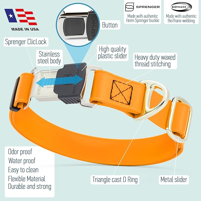 Dogline Biothane Waterproof Dog Collar with Herm Sprenger Black Stainless Steel Quick Release Buckle – Heavy Duty Tactical Durable Collar for Dogs – Comfortable Pet Collar W3/4" L12-19 Tangerine