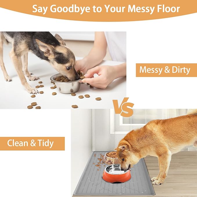 24" x 16" Dog Food Mat, Silicone Pet Mats for Food and Water, Nonslip Pet Feeding Mats for Floors, Dog Cat Bowl Mat with Raised Edges, Black