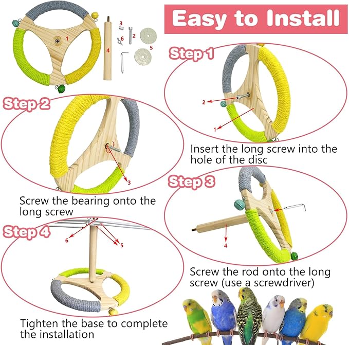 PINVNBY Hanging Bird Stand Perch Toy Wooden Spinning Parrot Perch with Cotton Rope and Bell Interactive Cockatiel Toy Bird Cage Accessories for Parakeets Conures Budgies Finches Lovebirds