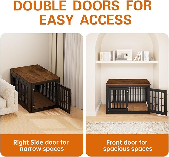 42" Heavy Duty Dog Crate Furniture for Small,Medium and Large Dogs,Rustic Wooden Dog Cage Kennel Indoor Furniture with Waterproof Top,Decorative Pet House Side End Table (Black & Wood)