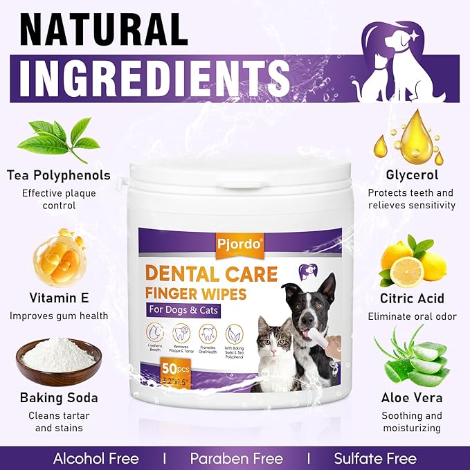 Teeth Cleaning Wipes for Dogs & Cats, Dental Care Finger Wipes, Remove Plaque, Tartar & Bad Breath, Disposable Gentle Cleaning & Gum Care Pet Wipes, No-Rinse Dog Finger Toothbrush, 50 Counts