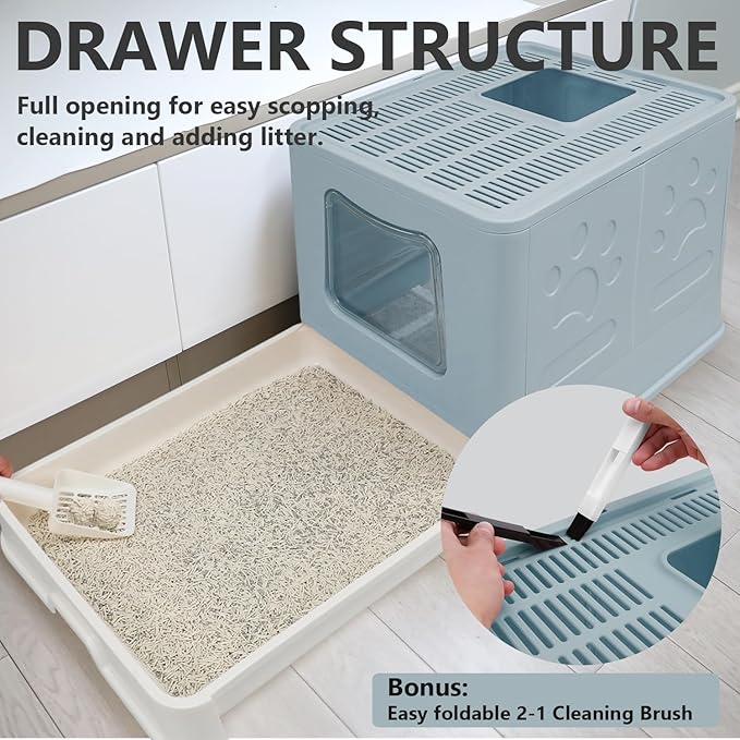 XL Foldable Cat Litter Box with Lid - Jumbo Enclosed Potty - Top Entry Anti-Splashing Toilet - Includes Scoop & 2-in-1 Cleaning Brush (Blue