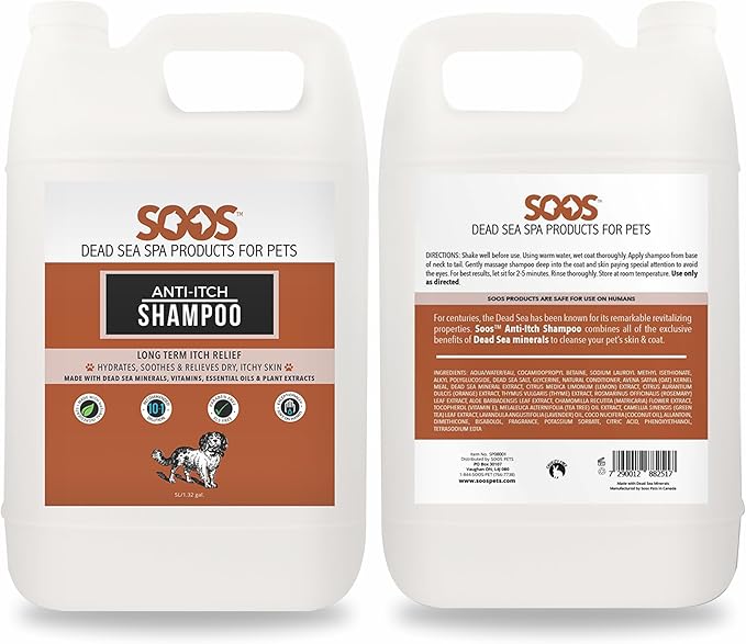 Soos Pet Shampoo Anti-Itch Natural Dead Sea Minerals Cat and Dog Shampoo with Vitamins Essential Oils Natural Ingredients Soothes Itching Clean Fur - 1x Pets Shampoo (4L)