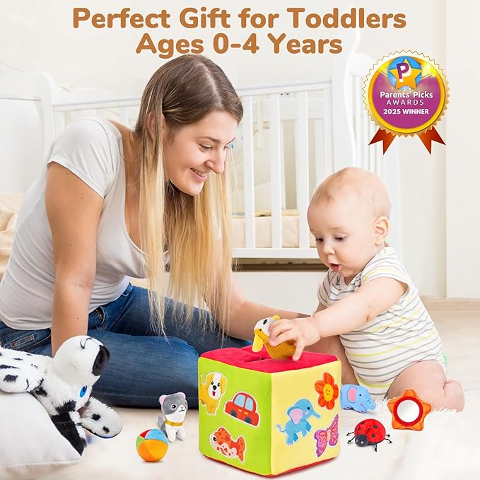 JoyCat Baby Toys 6-12 Months - Mystery Soft Box with 10 Sensory Objects, Rattle, Crinkle Paper, Mirror - What's Inside Box Infant Gifts, Soft Busy Toys 1-2 - Baby Birthday Gifts Boy Girl Chirstmas