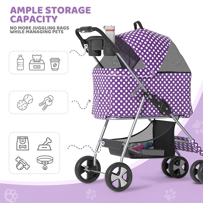 Magshion Foldable Pet Stroller, 3-in-1 Dog Travel Jogger with Detachable Carrier, Cup Holder, Storage Basket, Folding Carrier for Small/Medium Dogs & Cats Up to 33 lbs, Purple Polka Dots