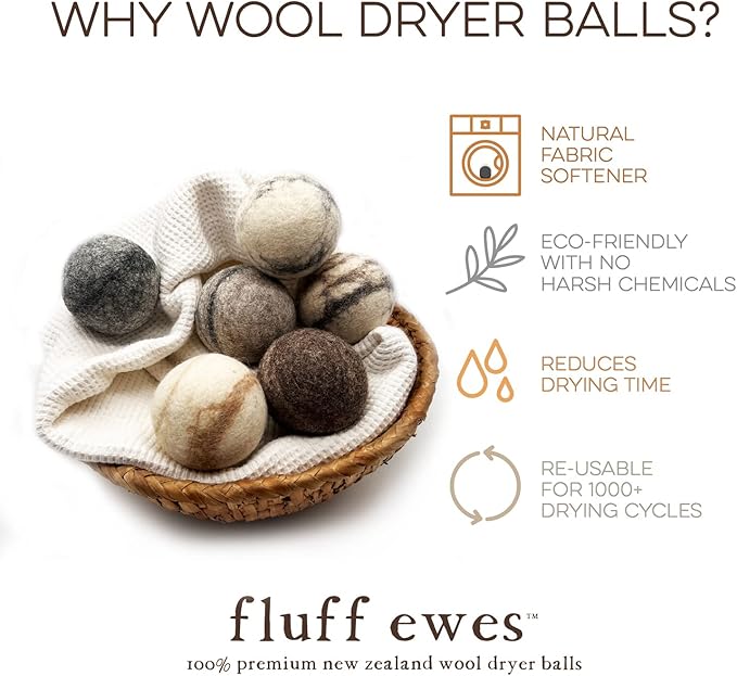 Fluff Ewes Wool Dryer Balls 3 Pack Premium New Zealand Wool Laundry Balls for Dryer, No Static Dryer Balls Laundry Reusable Cute, XL Wool Dryer Balls Cute, Baby Dryer Balls for Dryers - Marble