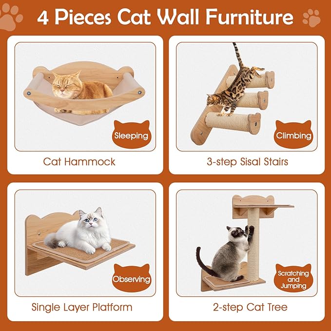 Tangkula Cat Wall Shelves, Wall Mounted 4pcs Kitten Furniture Set with Hammock, 2-Step Kitty Tree, Perch, Non-Slip Carpet Mat, Sisal Stairs & Scratching Posts, Wooden Cat Climber Steps (Natural)