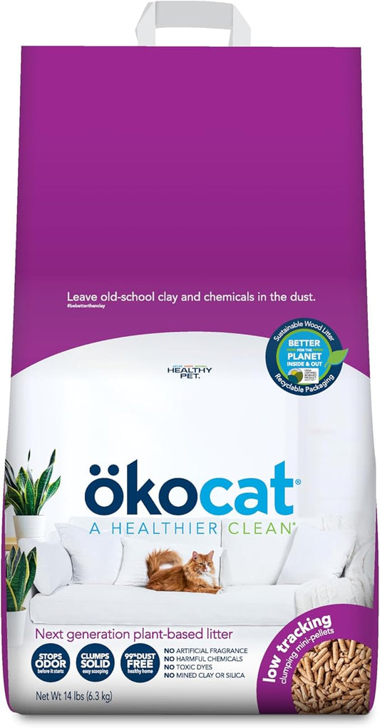 ökocat Less Mess Low Tracking Wood Clumping Cat Litter Mini- Pellets, Unscented, 14 pounds - Natural Ingredients, Stops Odor, Clumps Solid, 99% Dust Free, Great for Long-Hair Breeds