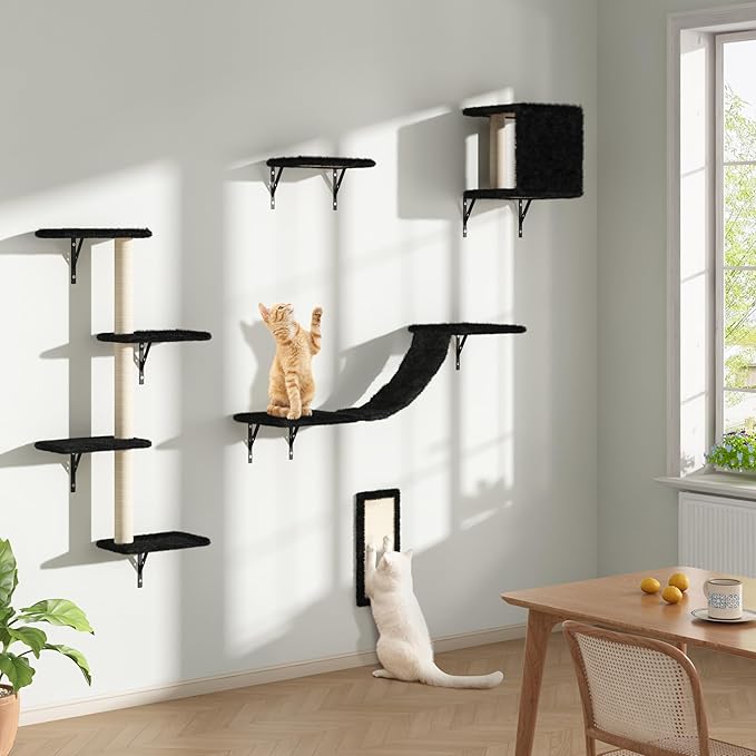 COZIWOW Wall Mounted Cat Furniture, Cat Wall Shelves and Perches, Floating Cat Shelves for Wall Set of 5 (Black)