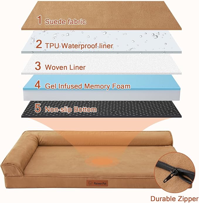 Chew Proof Dog Bed, 3" Memory Foam Dog Bed for Medium and Large Dogs, Removable and Washable Microsuede Cover, Waterproof Liner, Nonskid Bottom, 41x27 Inches XL Khaki