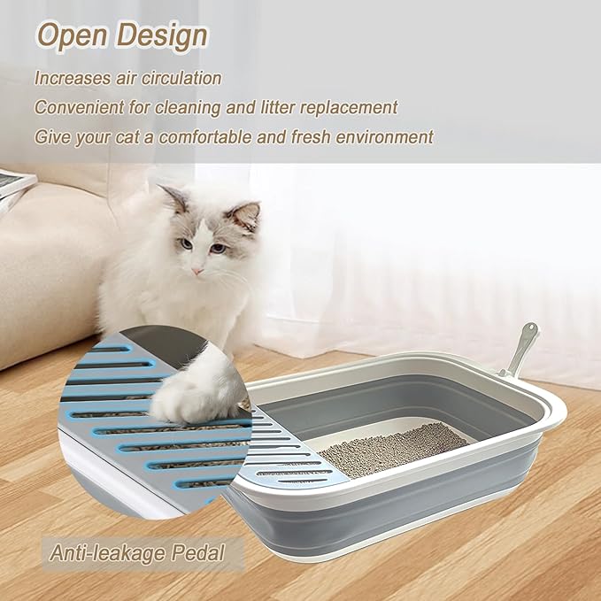 Senior Cat Litter Boxes, Collapsible Open Low Entry Cat Litter Pan with Scoop Travel Kitten Potty Foldable Pet Toilet for Sick Disabled Older Elderly Cats Grey 20.9x15.7x5.7 inch