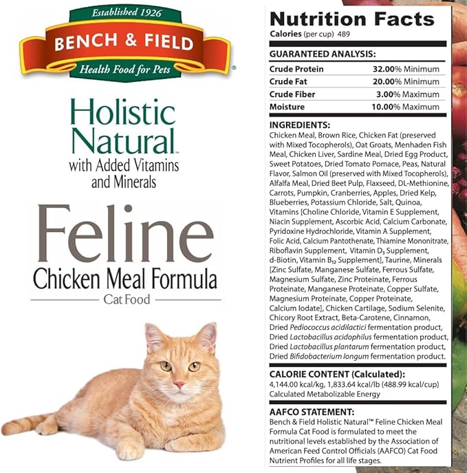 Bench & Field Holistic Natural Premium Adult Dry Cat Food, Chicken Meal and Brown Rice Recipe 25 lb Bag (Pack of 1)
