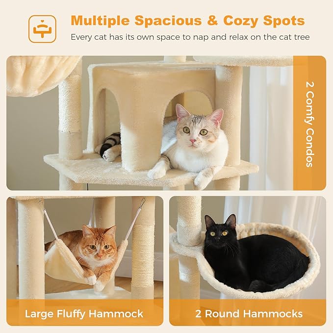71.2" Tall Cat Tree for Indoor Cats - 9-Level Multi-Cat Tower w/5 Sisal Scratching Posts, 2 Condos, 3 Hammocks, Perch & Pom Poms - Heavy-Duty for Adult Cats, Space-Saving Plush Beige