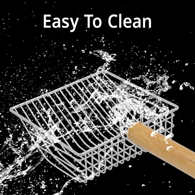 UFECODO Fast Sifting Cat Litter Scoop with Holder Stand, Stainless Steel Poop Scooper with Ergonomic Wood Handle, Heavy Duty and Easy Clean
