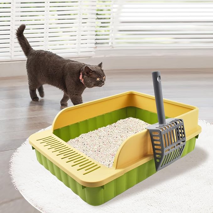 Open Top Cat Litter Box with High Side Anti-Splashing Cat Toilet with Litter Sifting Scoop Semi-Enclosed Kitten Litter Tray Pan Removable Prevent Sand Leakage Deodorizing Easy to Clean(Green)