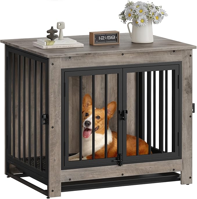 Dog Crate Furniture, Dog Crate End Table for Small and Medium Dogs,Wooden Cage Kennel Furniture Indoor, Modern Dog Crate with Multi-Purpose Removable Tray, Double-Doors Dog Furniture, Greige