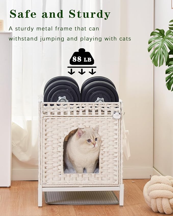 Cat Litter Box Enclosure Hidden Litter Box Furniture with Metal Heightened Feet, Rattan Handwoven Cat House with Litter Mat, Hidden Litter Box Furniture for Bedroom Living Room White