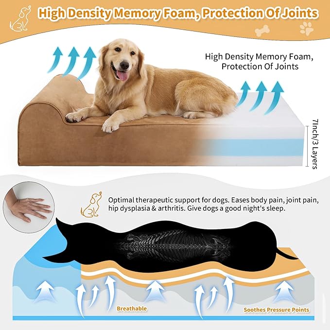 Orthopedic Dog Beds for Large Dogs, 7" Memory Foam Dog Beds with Waterproof Liner, Chew Proof Microsuede Cover, Removable and Washable, Nonskid Bottom, 48"x30" L Khaki