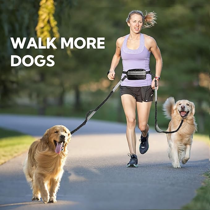 Hands Free Dog Leash with Pouch, Double Leash for Two Dogs, Retractable Bungee with Double Padded Handles, Dog Waist Leash for Dog Walking,Dog Walking Accessories,Black Grey