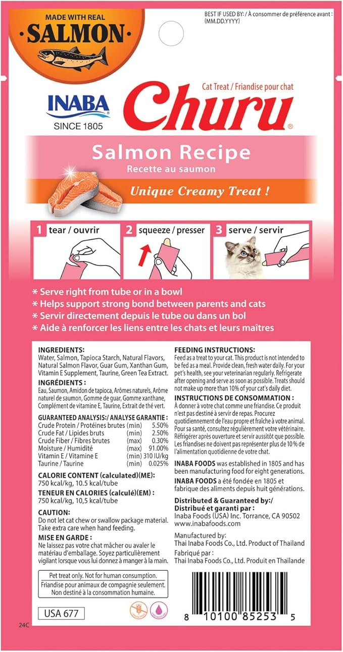 INABA Salmon Churu Cat Treats, Lickable, Squeezable Creamy Purée Cat Treat with Green Tea Extract & Taurine, 0.5 Ounces Each Tube, 24 Tubes (4 per Pack), Salmon Recipe