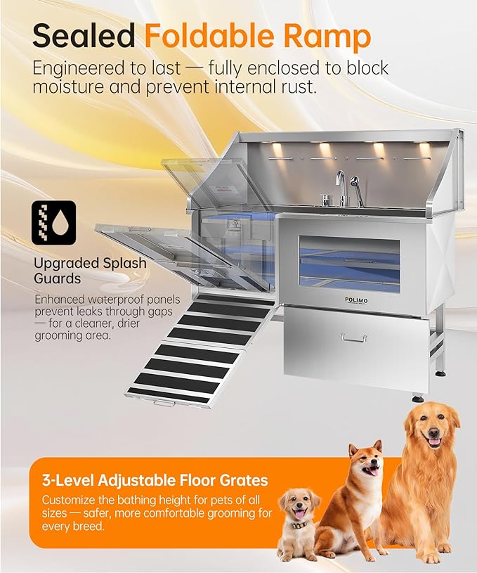 polimo Dog Washing Station, LED Professional Stainless Steel Dog Bathing Station 61", Dog Grooming Tub for Large, Medium & Small Dog - with Window, Ramp, Drawer, Floor Grate & Faucet (Left RAMP, 61")