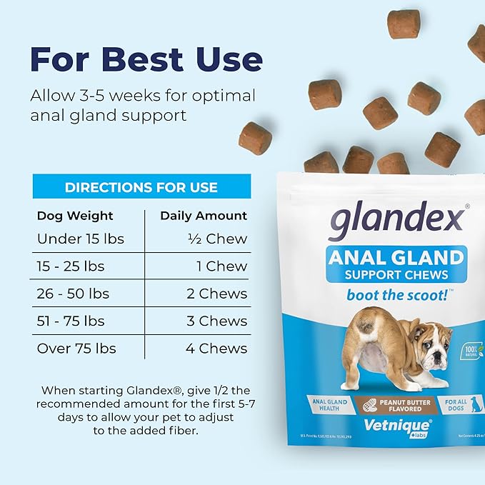 Vetnique Labs Glandex Anal Gland Soft Chew Treats with Pumpkin for Dogs Digestive Enzymes, Probiotics Fiber Supplement for Dogs Boot The Scoot (Peanut Butter Chews, 30 Count)