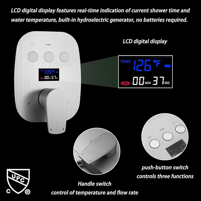 Shower System Brushed Nickel Shower Faucet Set with 12 Inch Ceiling Mounted and 8 Inch Wall Mounted Dual Shower Head and Handle Set with Temperature Display Function