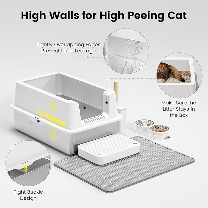 Stainless Steel Cat Litter Box - Enclosed XL Metal Kitty Litter Box with Lid for Big Cats, High Sided, Anti-Leakage, Easy Cleaning, Non-Sticky, Included Litter Mat, Cat Bowl & Spoon