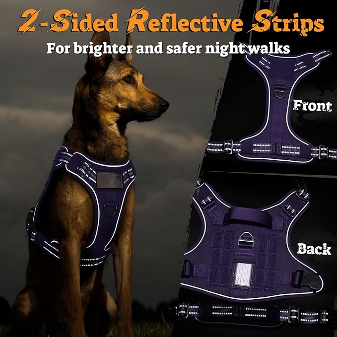 rabbitgoo Dog Harness for Large Dogs No Pull, Tactical Service Pet Vest with Molle and Control Handle, Adjustable and Reflective Military Harness for Easy Walking and Training, Purple, L