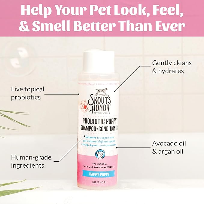 Skout's Honor Probiotic Dog Shampoo & Conditioner with Avocado Oil & Omega-3s, 97% Natural, Paraben & Sulfate-Free, Cruelty-Free, 16oz, Happy Puppy, 2-Pack