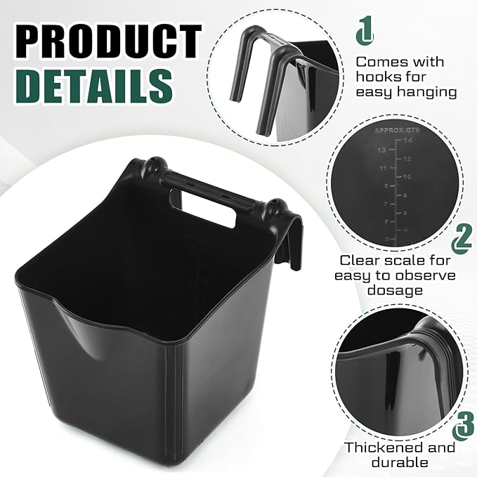 Marsui 8 Pcs 15 Quart Horse Feeders for Stall Hook Over Hanging Fence Hay Feeder Mountable Livestock Plastic Feed Bucket for Farm Stalls Pasture, Stable to Feed Horses Sheep Cattle Cows Etc (Black)