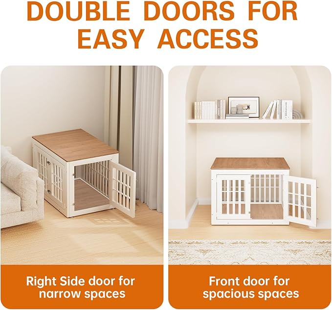 38" Heavy Duty Dog Crate Furniture for Small,Medium and Large Dogs,Rustic Wooden Dog Cage Kennel Indoor Furniture with Waterproof Top,Decorative Pet House Side End Table (White & Wood)