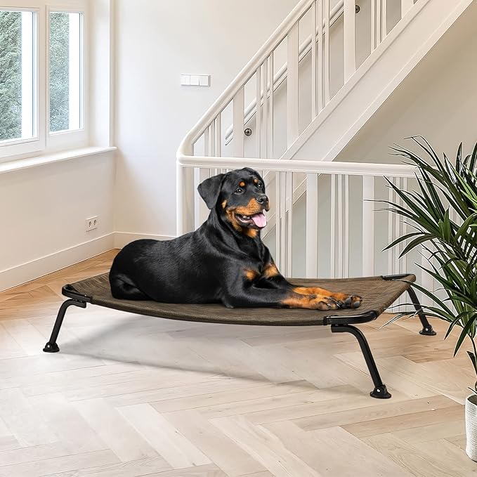 Veehoo Outdoor Elevated Dog Bed, Cooling Raised Dog Cot Bed XL, Portable Waterproof Curved Dogs Hammock Beds for Outside, up to 150lbs, Black Legs, Brown 49"