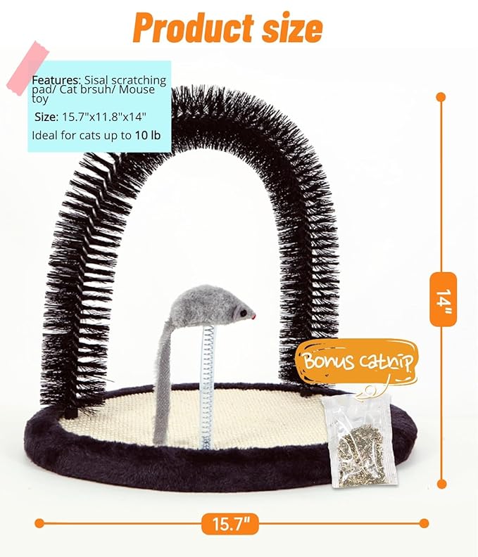Happi N Pets Cat Self Groomer, Arch Grooming Brush wtih Heavy Duty Woven Sisal Pad, Rubbing Post & Catnip Toy, Cat Face Scratchers Body Massager, Cat Scratchers for Indoor Cats, Black