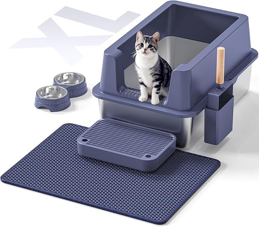 Stainless Steel Cat Litter Box - Enclosed XL Metal Kitty Litter Box with Lid for Big Cats, High Sided, Anti-Leakage, Easy Cleaning, Non-Sticky, Included Litter Mat, Cat Bowl & Spoon